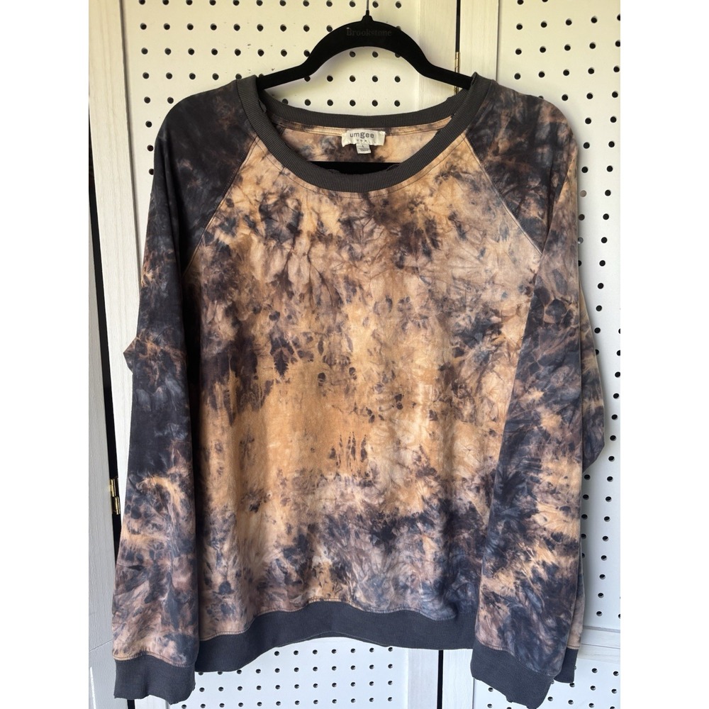 Umgee Tie Dye Distressed Pullover Sweatshirt Orange Gray Women's LG Cotton Spndx